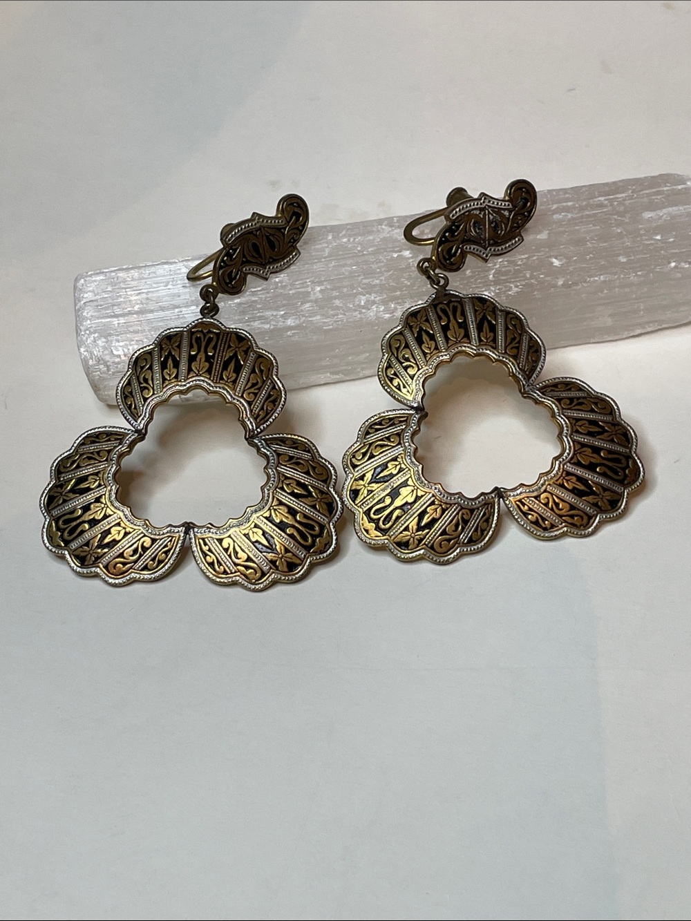 Vintage Damascene Screw Back Dangle Earrings
